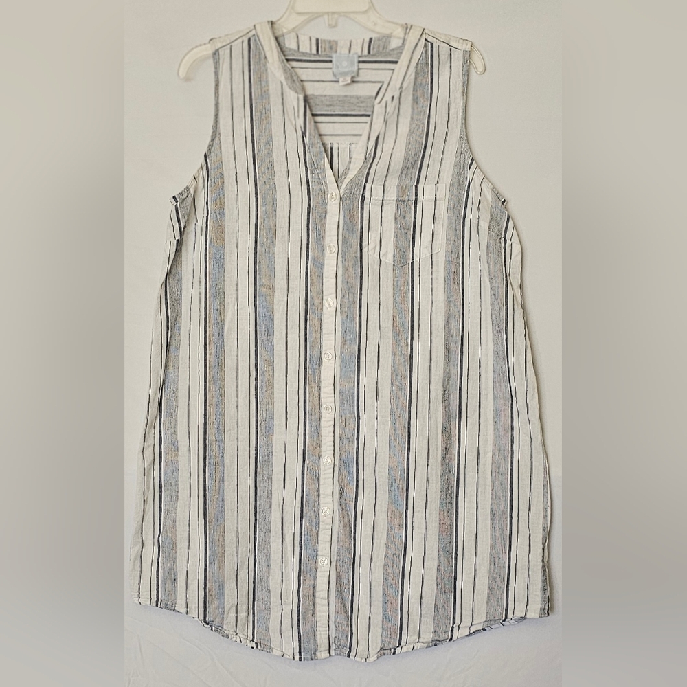 Ladies Cotton Linen Striped Sleeveless Button-Up Sun Dress Sz XL